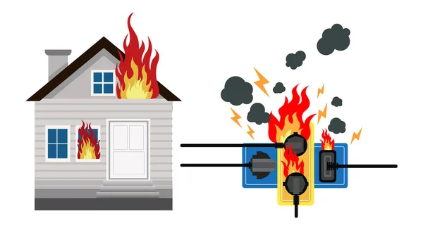 Napájecí Zástrčka Plná Zkrat Požár Domu Bezpečnost Především Vektorová Ilustrace — Stockový vektor