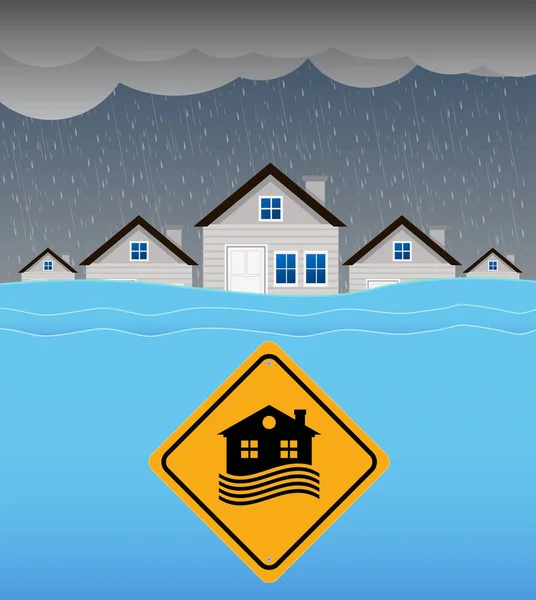 Flood Natural Disaster House Heavy Rain Storm Damage Home Flooding — Stock Vector