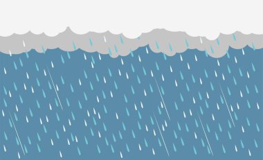 Karanlık gökyüzünde sağanak yağış, yağmur mevsimi, bulutlar ve fırtına, hava durumu, doğal afet seli, vektör illüstrasyonu. 