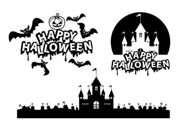 Happy Halloween Silhouette Character Set Collection Pumpkins Flying Bats Vector — Image vectorielle