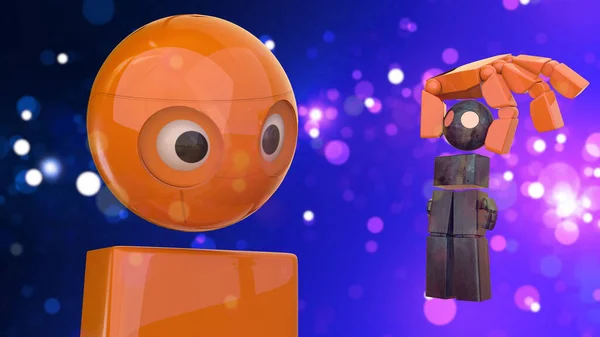 Rendering Grote Oranje Robot Vangen Kop Van Kleine Robot Grunge — Stockfoto