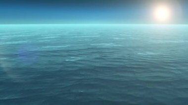 Güneşten parlayan gerçekçi manzara okyanusu. Dalgalanma ve dalgalanma 3D görüntüleme ile okyanus üzerinde.