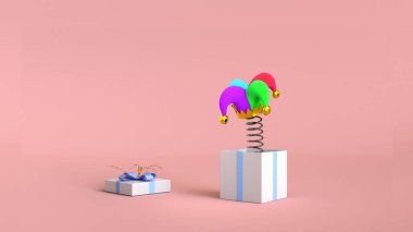 Hediye kutusu komik soytarı şapkası bahar pastel parti modu teması 3D yorumlama ile kutlayın.