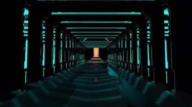 3D animasyon, kamera hareketini başlatan köprü tünelini başlat. Fütürist yüksek teknoloji kavramının sonunda cam tüp standına git. Bilim kurgu ya da oyun konsepti için element.