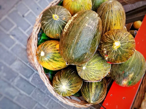 Raw Green Organic Santa Claus Melons Basket Ready Eat — Stock Photo, Image