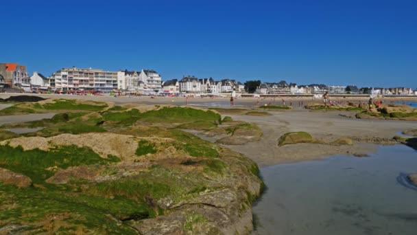 法国布列塔尼 Morbihan Saint Pierre Quiberon 潮水退潮期间圣皮埃尔 德基伯隆海滩 — 图库视频影像