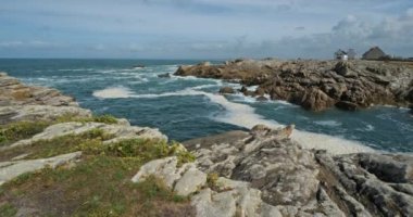 Penmarch, Finistere Departmanı, Brittany, Fransa. Meşhur kayalarla Penmarch 'ın noktası. Ön planda kaya örnekleri adı verilen yabani çiçekler var..