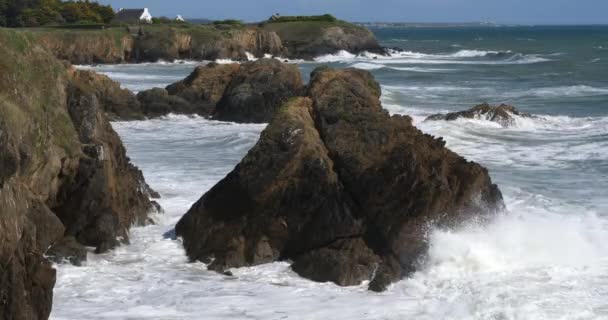 フランス ブルターニュのフィニステレ県ル ポール ケルアビーチを見下ろす岩 — ストック動画