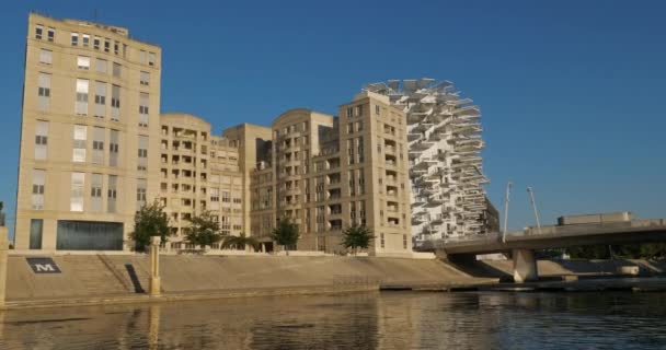 蒙彼利埃 法国维吉尼亚的英雄部门沿莱兹河一带的建筑背景是建筑师Hayao Miyazaki在2018年设计的Arbre Blanc — 图库视频影像