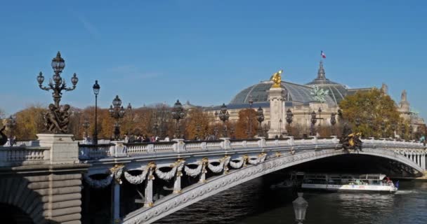 アレクサンドル3世がセーヌ川を渡った フランス 背景にはグラン パレ美術館の建物があります — ストック動画