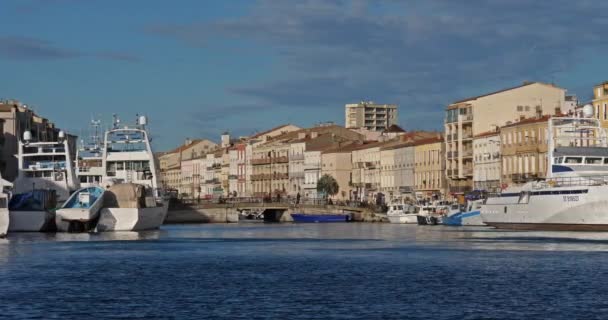 Sete Département Hérault Occitanie France Bateaux Pêche Amarrés Sur Canal — Video