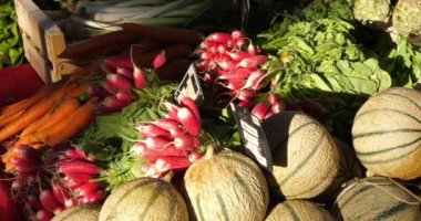 Güney Fransa 'da bir markette taze sebzeler. Kavun, turp salata ve havuç.