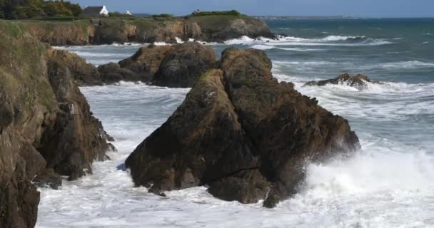 Pouldu Finistere Department Brittany France Каміння Березі Керу — стокове відео
