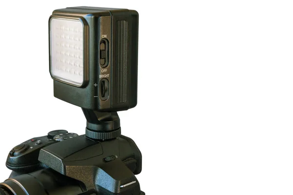 Una Pequeña Lámpara Contraluz Una Videocámara Dslr Aislada Sobre Fondo —  Fotos de Stock
