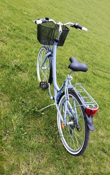 Çayırda dikiz aynasından asılı duran bir kadın bisikleti.