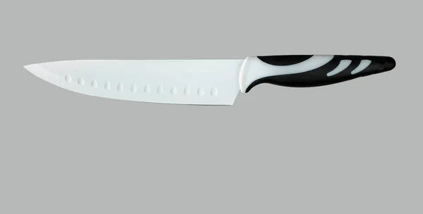 Cooking Cutting White Ceramic Knife Gray Background Space Text — Stock Photo, Image