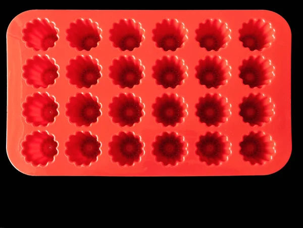 Empty Red Silicone Cinnamon Baking Dish Black Background Top View — Stock Photo, Image