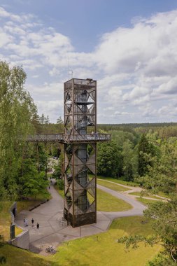 Ziyaretçiler sık bir ormanda, güneşli bir günde doğa tarafından çevrelenmiş yüksek bir gözlem kulesinden manzaralı manzaralı bir yol keşfediyorlar..