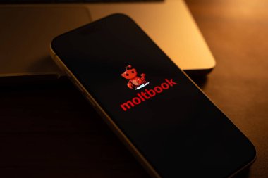Moltbook logosu, Hindistan 'ın Bangalore kentindeki bir akıllı telefonun ekranında 4 Şubat 2026' da sergilenmektedir.
