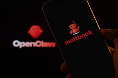 Moltbook logosu, Hindistan 'ın Bangalore kentindeki bir akıllı telefonun ekranında 4 Şubat 2026' da sergilenmektedir.