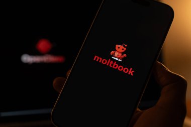 Moltbook logosu, Hindistan 'ın Bangalore kentindeki bir akıllı telefonun ekranında 4 Şubat 2026' da sergilenmektedir.