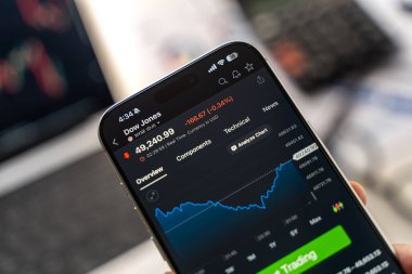 Dow Jones logosu 12 Şubat 2026 'da Hindistan' ın Bangalore şehrinde bir akıllı telefonun ekranında sergilenmektedir.