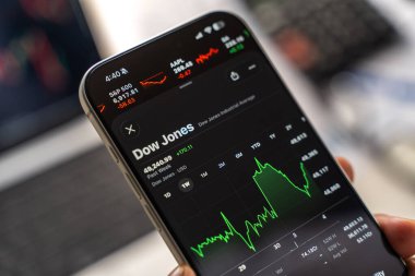 Dow Jones logosu 12 Şubat 2026 'da Hindistan' ın Bangalore şehrinde bir akıllı telefonun ekranında sergilenmektedir.