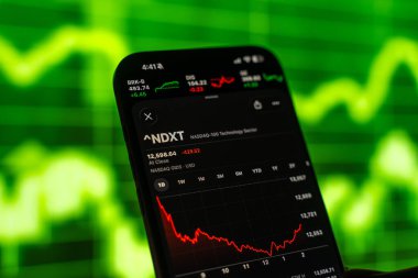 Nasdaq logosu 12 Şubat 2026 'da Hindistan' ın Bangalore kentindeki bir akıllı telefon ekranında sergilenmektedir.