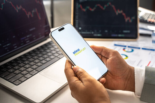 Boerse frankfurt stock exchange logo is displayed on the screen of a smartphone, in Bangalore, India, on February 12, 2026