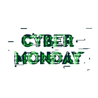 Pazartesi günü siber satış ve çarpıtılmış konsept pankart. Siber Pazartesi reklamınız için metin ve başlık, markalaşma, hisse senetleri ve sosyal medya tasarımı.