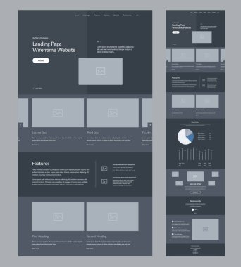Web sitesi kablo indirme sayfası. İş için karanlık tasarım şablonu. Bir sayfa site yerleşim arayüzü. Modern tepkili tasarım. UX Kullanıcı Arayüzü ögeleri.