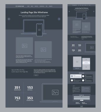 Web sitesi kablo indirme sayfası. İş için karanlık tasarım şablonu. Bir sayfa site yerleşim arayüzü. Modern tepkili tasarım. UX Kullanıcı Arayüzü ögeleri.