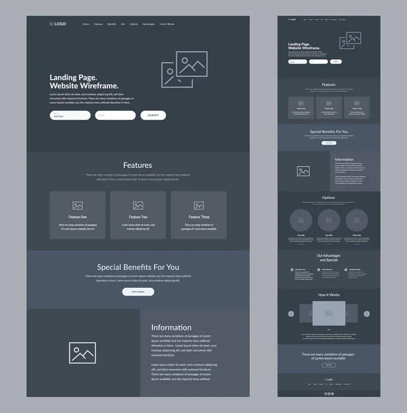 Web sitesi kablo indirme sayfası. İş için karanlık tasarım şablonu. Bir sayfa site yerleşim arayüzü. Modern tepkili tasarım. UX UI ögeleri: ev, özellikler, özellikler, bilgiler, seçenekler, avantajlar.