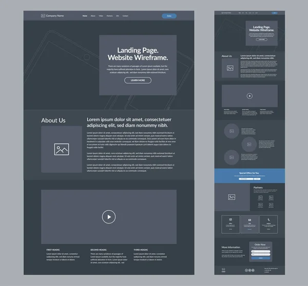 Webbplats Wireframe Landningssida Mörk Design Mall För Företag Sida Webbplats — Stock vektor