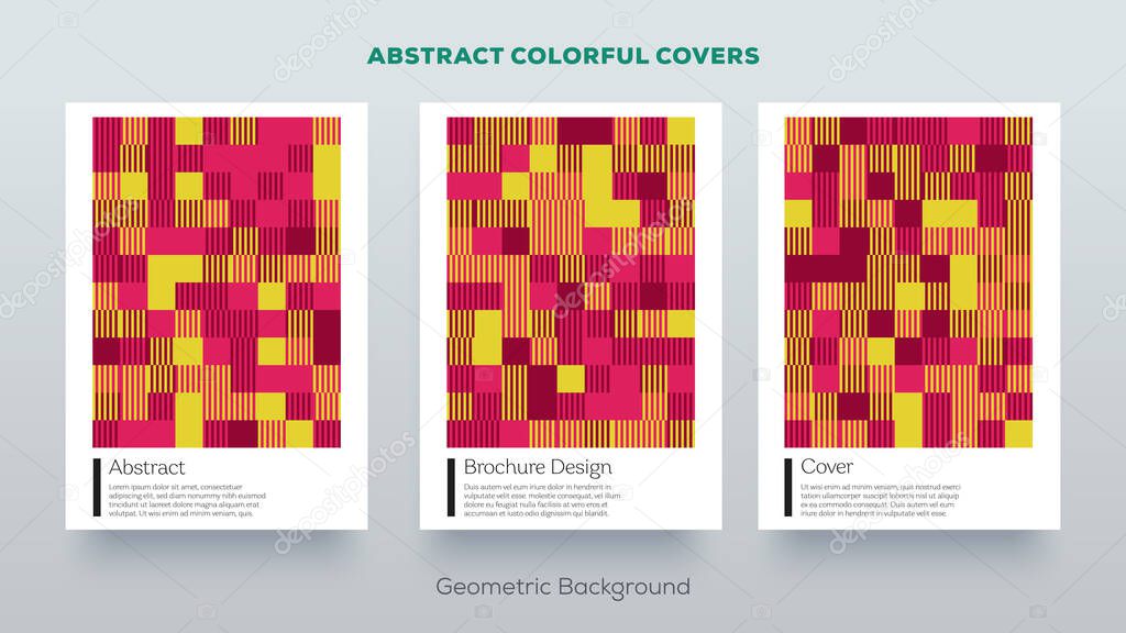Modern geometric backgrounds. Abstract vector colorful design covers. Good use for covers, posters, brochures, books, postcards, voucher, booklets, flyers etc.