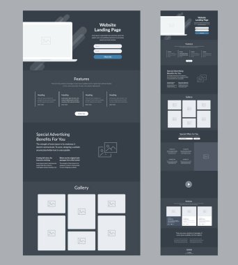 Web sitesi kablo indirme sayfası. İş için karanlık tasarım şablonu. Bir sayfa site yerleşim arayüzü. Modern tepkili tasarım. UX Kullanıcı Arayüzü ögeleri.