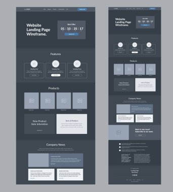Web sitesi kablo indirme sayfası. İş için karanlık tasarım şablonu. Bir sayfa site yerleşim arayüzü. Modern tepkili tasarım. UX Kullanıcı Arayüzü ögeleri.