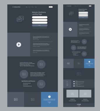Web sitesi kablo indirme sayfası. İş için karanlık tasarım şablonu. Bir sayfa site yerleşim arayüzü. Modern tepkili tasarım. UX Kullanıcı Arayüzü ögeleri.