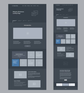 Web sitesi kablo indirme sayfası. İş için karanlık tasarım şablonu. Bir sayfa site yerleşim arayüzü. Modern tepkili tasarım. UX Kullanıcı Arayüzü ögeleri.