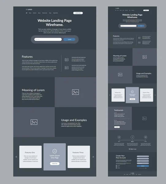 Site Web Wireframe Landing Page Modèle Conception Sombre Pour Les — Image vectorielle