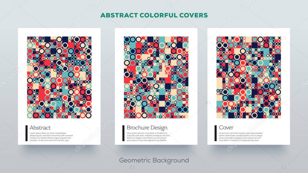 Abstract geometric design covers. Trending vintage retro style background. Set of simple colorful mockup posters Creative vector elements.