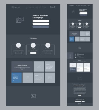 Web sitesi şablon tasarımı. Karanlık İniş Sayfası kablosu. Şirketiniz için bir sayfa yerleşim arayüzü.