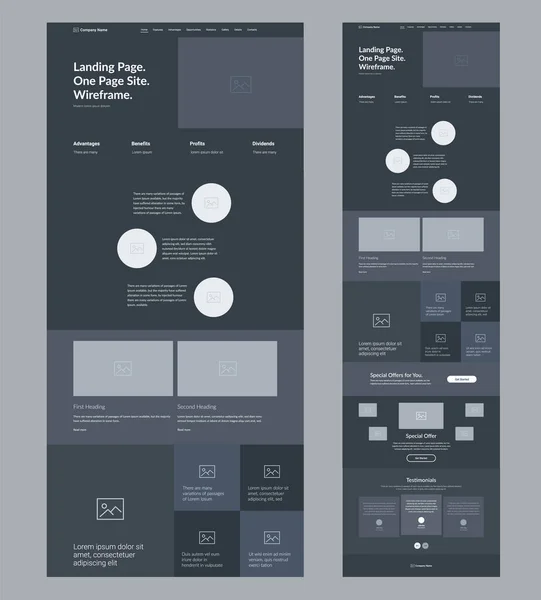 Дизайн Шаблона Сайта Темная Посадочная Страница Сайта Wireframe Интерфейс Макета — стоковый вектор