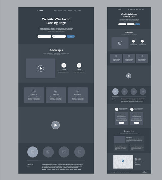 Website template design. Dark landing page site wireframe. One page site layout interface for your company.