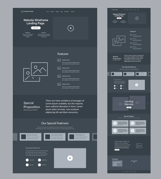 Дизайн Шаблона Сайта Темная Посадочная Страница Сайта Wireframe Интерфейс Макета — стоковый вектор