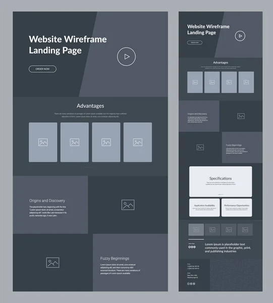 Website Template Design Dark Landing Page Site Wireframe One Page — Stock Vector