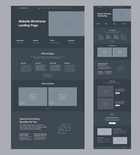 Дизайн Шаблона Сайта Темная Посадочная Страница Сайта Wireframe Интерфейс Макета — стоковый вектор