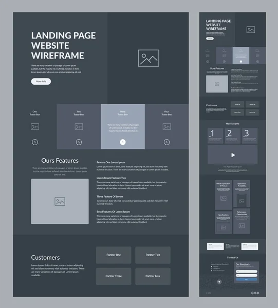 Conception Modèles Site Web Dark Landing Page Site Wireframe Interface — Image vectorielle