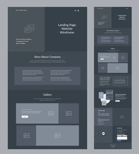 Gestaltung Von Webseiten Vorlagen Dunkles Wireframe Der Zielseite Eine Seite — Stockvektor