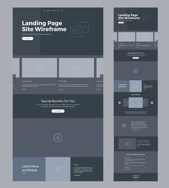Website Template Design Dark Landing Page Site Wireframe One Page — Stock Vector